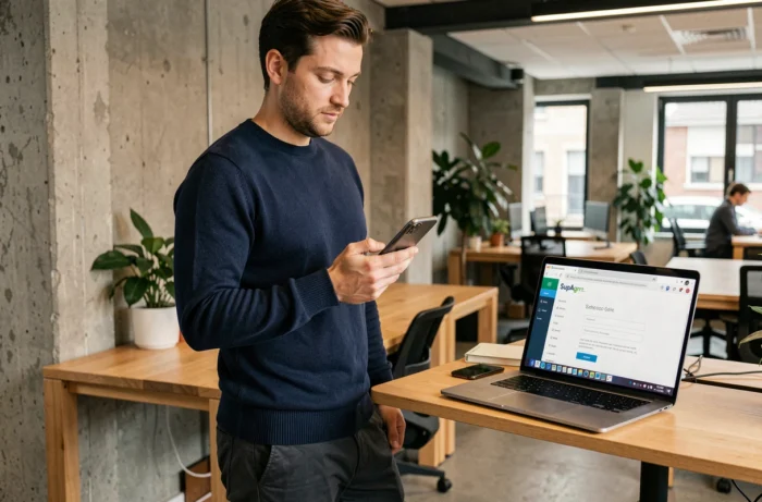Homme accédant à distance à la messagerie Horde SupAgro depuis un espace de coworking à Rennes