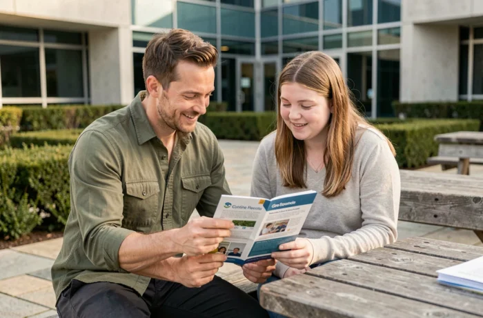 Travailleur social accompagnant une jeune femme trisomique dans la lecture d'un guide de ressources en santé mentale, en extérieur dans la cour d'un centre de réhabilitation