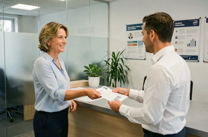 Femme déposant un document à l'accueil d'une agence CPAM, service administratif de sécurité sociale