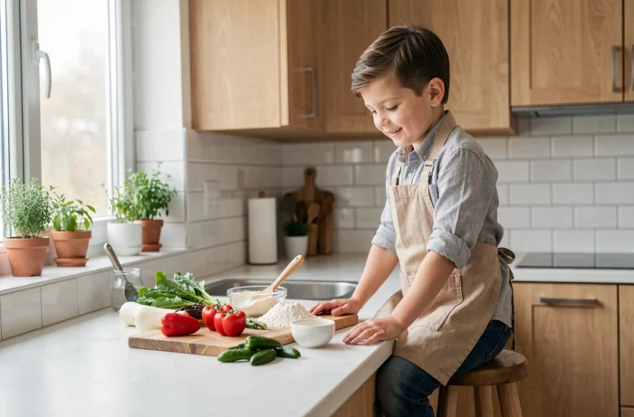 Père et enfant préparant ensemble une recette de cuisine dans une cuisine familiale moderne et chaleureuse