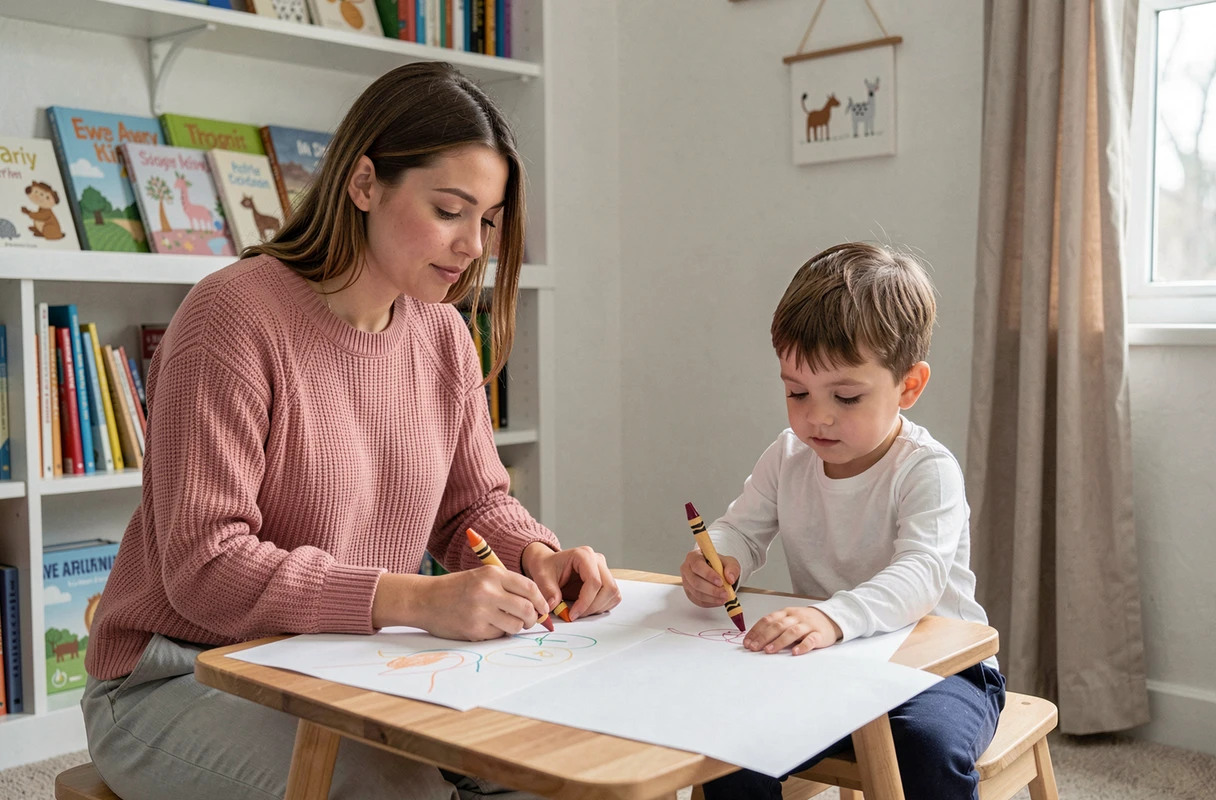 Jeune femme accompagnant un petit garçon dans une activité de dessin créatif à la maison pour stimuler son développement
