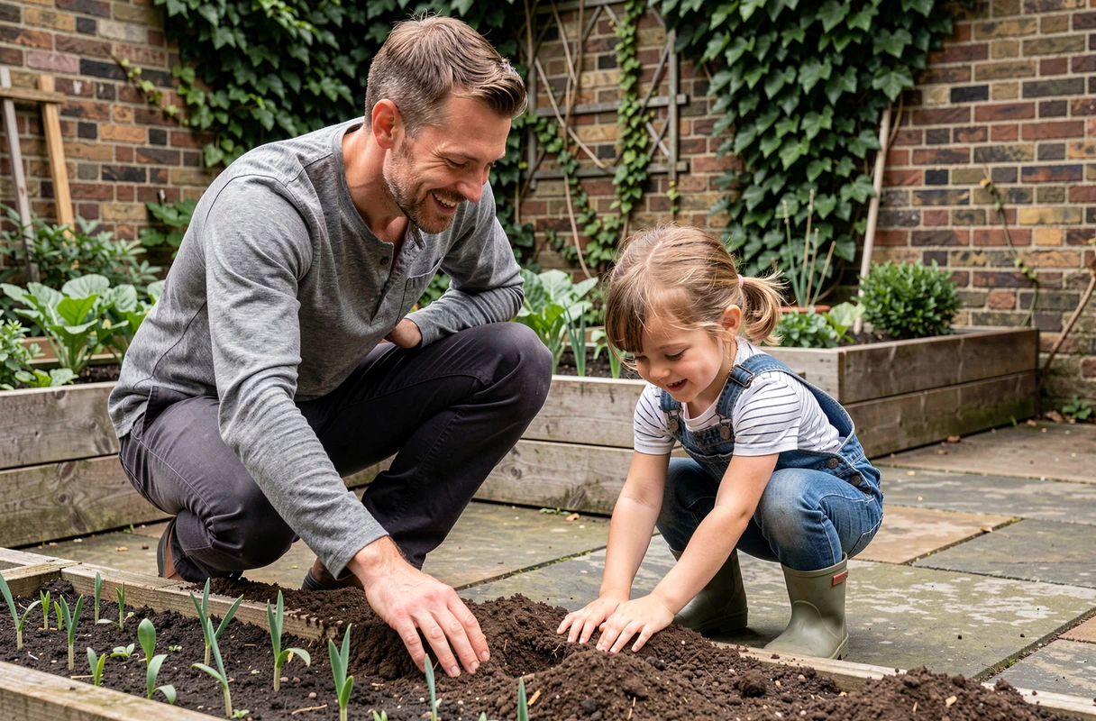 Père et fillette qui jardinent ensemble dans un potager urbain, activité d'éveil en plein air pour les enfants