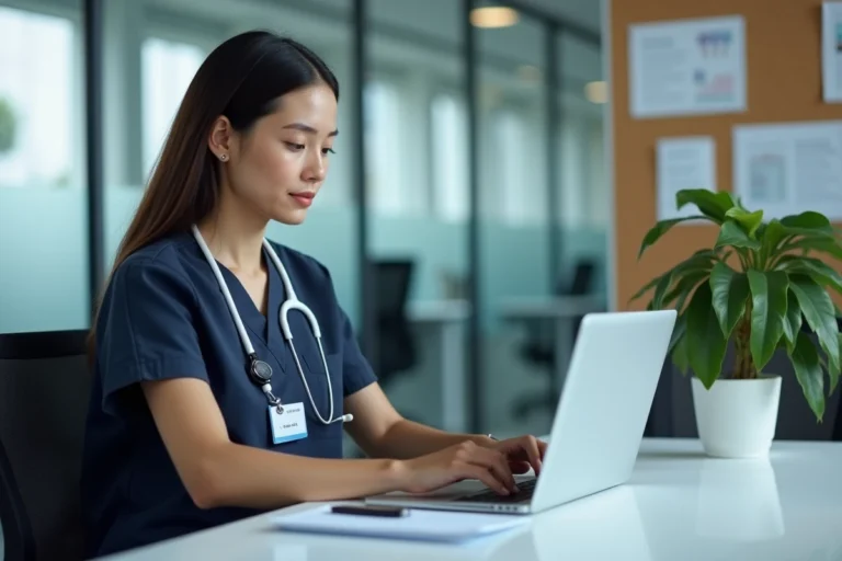 Professionnelle de santé consultant le logiciel Netsoins sur un ordinateur dans un bureau administratif d'EHPAD, dans le respect des règles RGPD