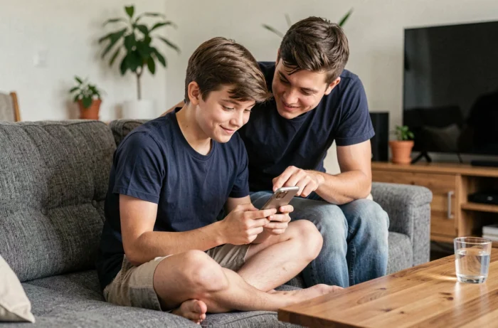 Deux adolescents découvrant ensemble la signification des icônes et symboles Snapchat sur un canapé