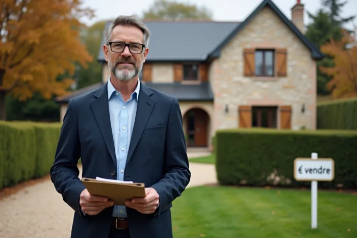 Agent immobilier devant une maison à vendre avec panneau dans le jardin