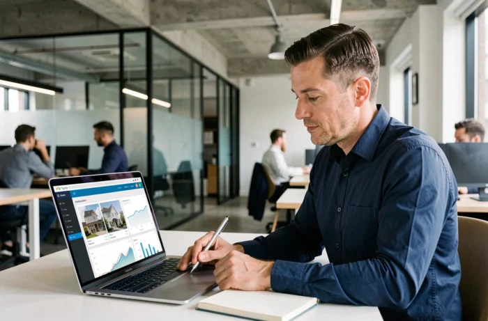 Agent immobilier masculin analysant des données de biens sur un tableau de bord numérique en espace de coworking