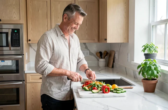 Homme préparant une salade fraîche et équilibrée dans une cuisine moderne pour une alimentation saine au quotidien