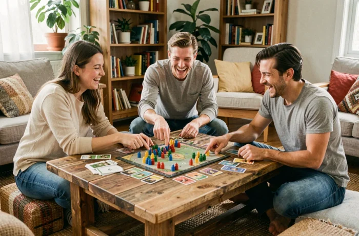 Groupe d'amis jouant à un jeu de société autour d'une table en bois dans un salon chaleureux, loisir convivial 2024