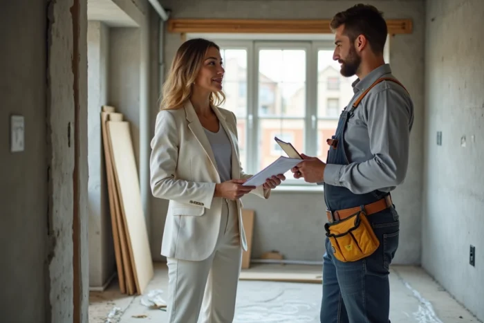Architecte et entrepreneur discutant du coût de rénovation dans un appartement en travaux