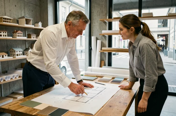 Architecte suisse discutant de plans de construction dans un bureau moderne à Genève