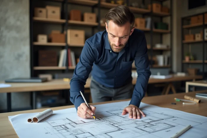 Architecte professionnel examinant des plans de rénovation sur un bureau en bois dans un studio moderne