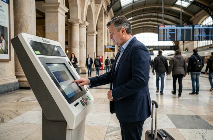 Homme modifiant son billet SNCF sur une borne libre-service dans une gare française