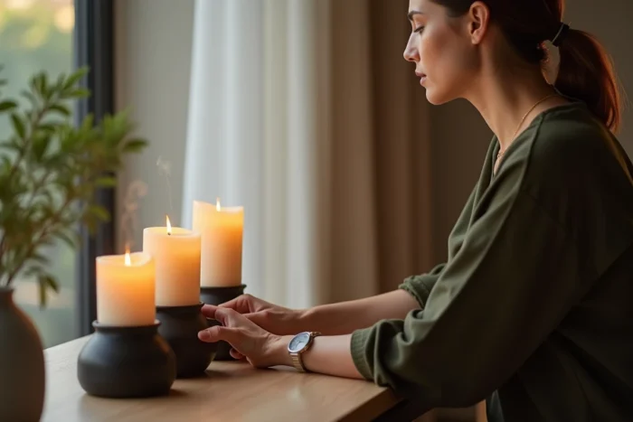 Femme positionnant un diffuseur en céramique et des bougies piliers sur une console, en tenant compte de la ventilation naturelle de la pièce
