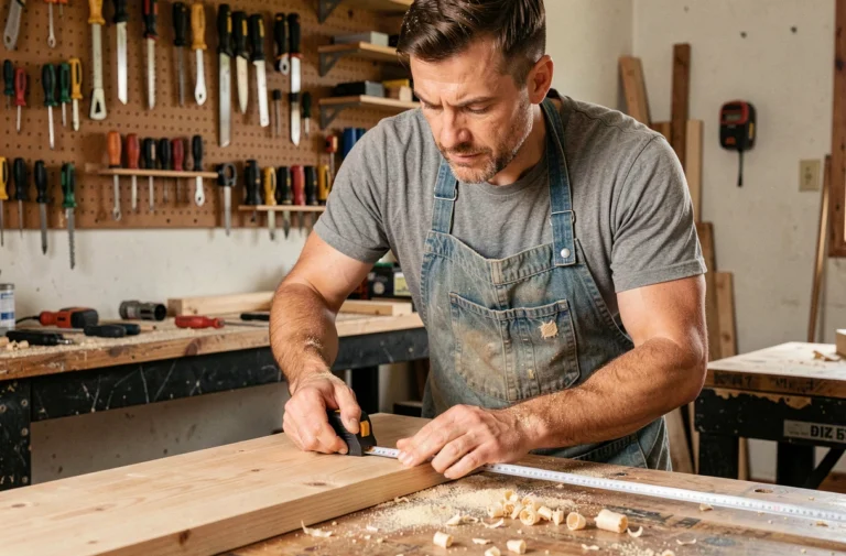Homme bricoleur mesurant une planche en bois dans un atelier de garage à domicile