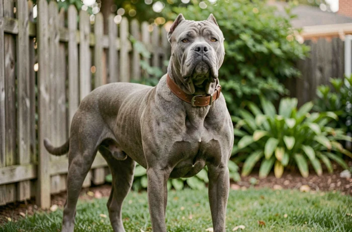Cane Corso bleu adulte musclé debout dans un jardin, portant un collier en cuir, illustrant l'importance de l'assurance chien pour cette race imposante