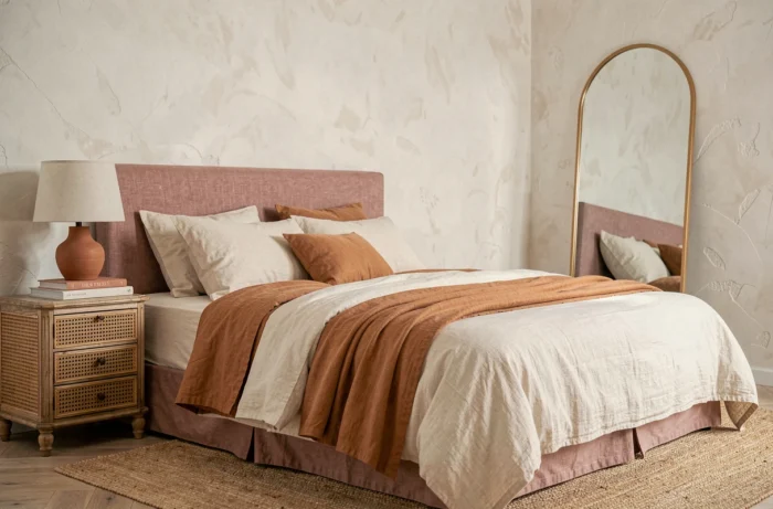 Chambre tendance avec tête de lit en lin rose poudré, literie superposée et table de nuit en rotin pour un intérieur unique