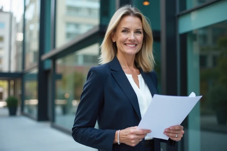 Directrice tenant un document de nouvelle identité visuelle devant un immeuble de bureaux moderne, illustrant le changement de nom de Batiav