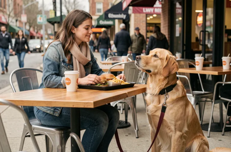 Femme assise en terrasse de fast-food avec son chien golden retriever tenu en laisse