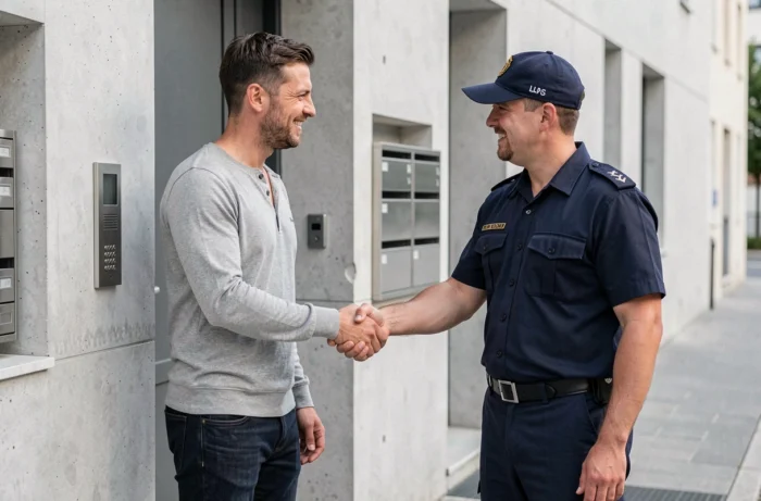 Client satisfait serrant la main d'un serrurier après un remplacement de serrure à Lyon