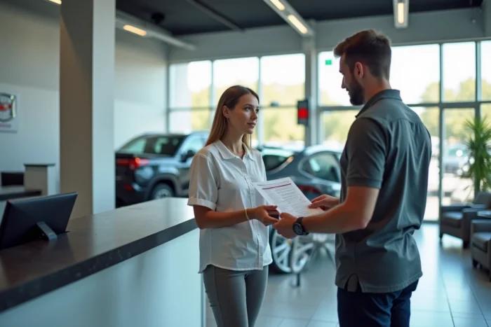 Cliente discutant d'un devis d'entretien avec un conseiller dans un centre de service automobile moderne