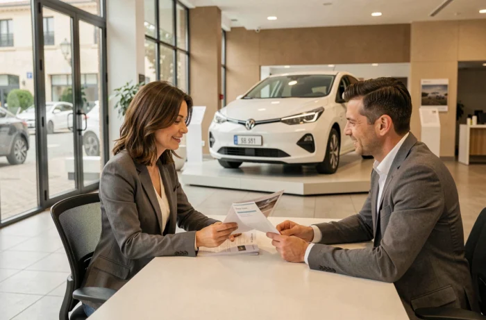 Cliente discutant d'un achat de véhicule avec un conseiller dans un showroom automobile moderne à Blaye