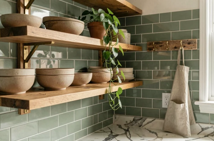Coin cuisine tendance avec étagères en chêne, poteries artisanales et plantes vertes pour une déco intérieure authentique