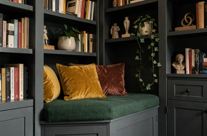 Coin lecture cosy avec banquette en bouclé vert forêt, bibliothèque encastrée et coussins en velours pour un intérieur chaleureux et tendance