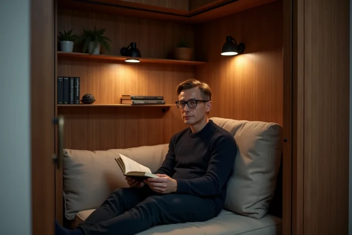 Coin lecture compact aménagé dans une alcôve étroite avec siège rembourré, étagère murale et lampe articulée, optimisant une surface réduite avec confort