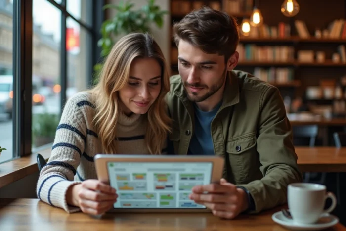 Deux collègues consultant un plan de navigation de site web sur une tablette dans un café de travail