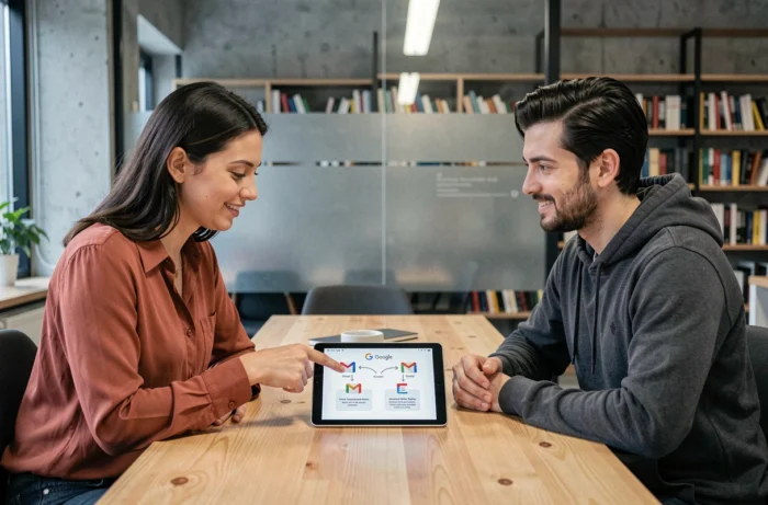 Deux collègues discutant des différences entre compte Gmail et compte Google sur une tablette dans un espace de coworking