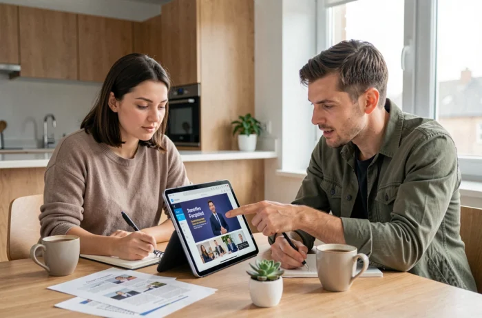Deux collègues suivant ensemble le Frenchy Event 2026 sur tablette depuis un appartement