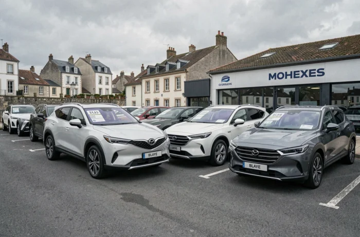 Rangée de SUV et véhicules électriques neufs exposés dans une concession automobile à Blaye