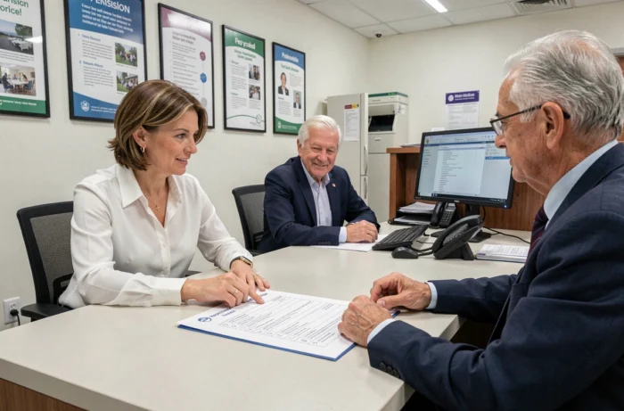 Conseillère expliquant la liste des documents nécessaires à la retraite à un couple de retraités