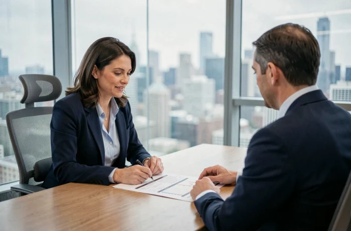 Femme consultant un conseiller bancaire pour obtenir un crédit immobilier avantageux dans une agence moderne