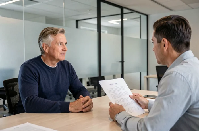 Homme accompagné par un conseiller professionnel des services Libre d'Agir lors d'une consultation en bureau