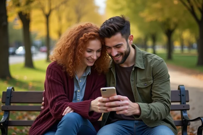 Deux amis regardant des stories Instagram d'un compte sans le suivre sur un banc de parc
