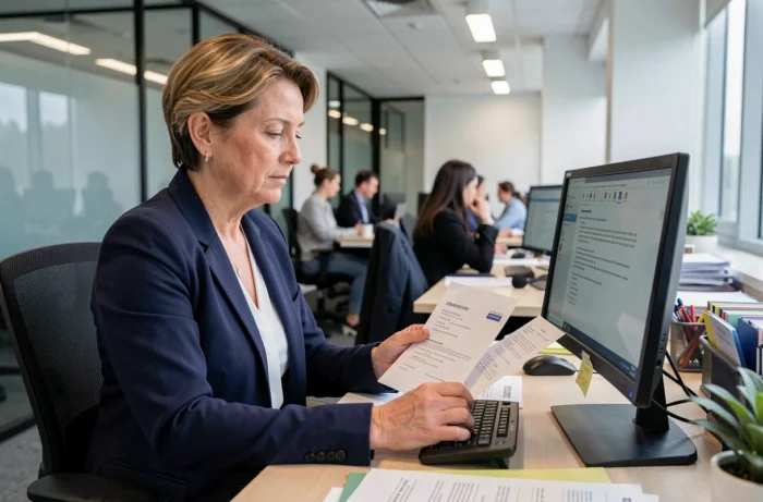 Femme professionnelle contactant le service client Cetelem par mail depuis son bureau en open space