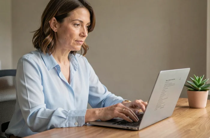 Femme contacting le service client Cetelem par email depuis son bureau à domicile