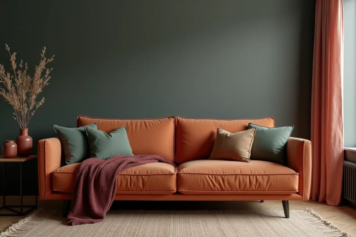 Salon aux couleurs sourdes et contrastées associant murs anthracite, canapé terracotta, coussins vert sauge et plaid bordeaux dans une palette harmonieuse
