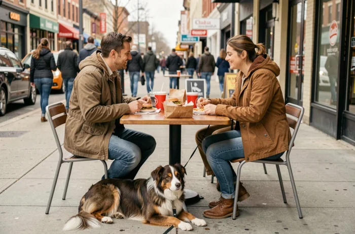 Couple mangeant en terrasse de fast-food avec leur border collie couché sous la table