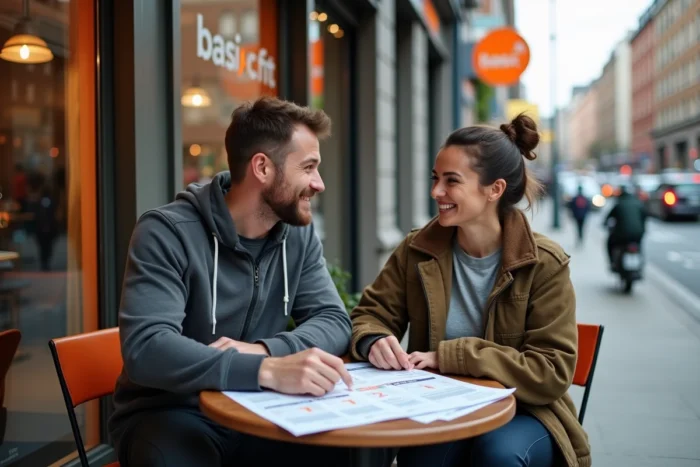 Couple discutant des différentes formules et prix d'abonnement Basic Fit devant une salle de sport