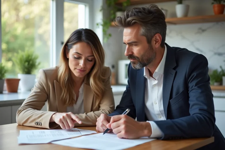 Couple examinant des documents immobiliers avant la revente de leur maison