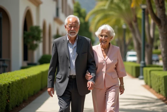 Couple élégant se promenant dans les rues de Beverly Hills, évoquant le style de vie de Ken Todd et Lisa Vanderpump
