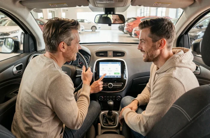 Couple évaluant les fonctionnalités intérieures d'une voiture compacte chez un concessionnaire