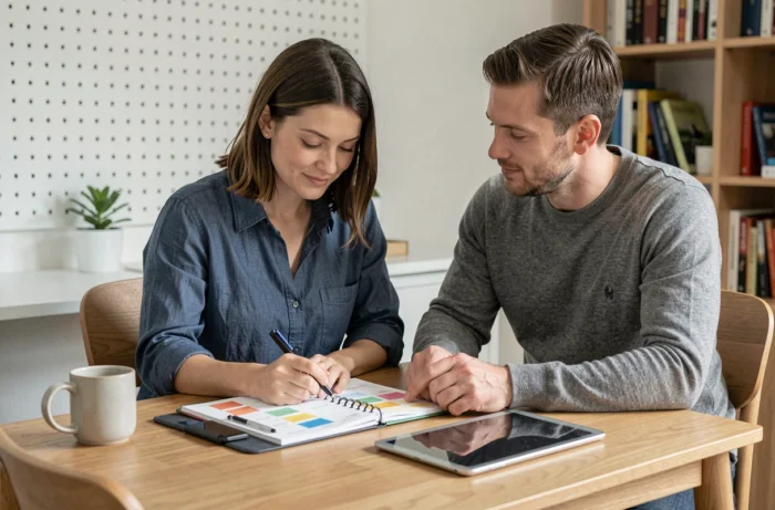 Couple de parents planifiant l'organisation familiale ensemble autour d'un cahier et d'une tablette dans un intérieur scandinave, outils pratiques pour une parentalité organisée et épanouie