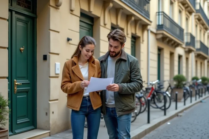 Couple de propriétaires évaluant leur immeuble parisien avant la mise en location de leur résidence principale