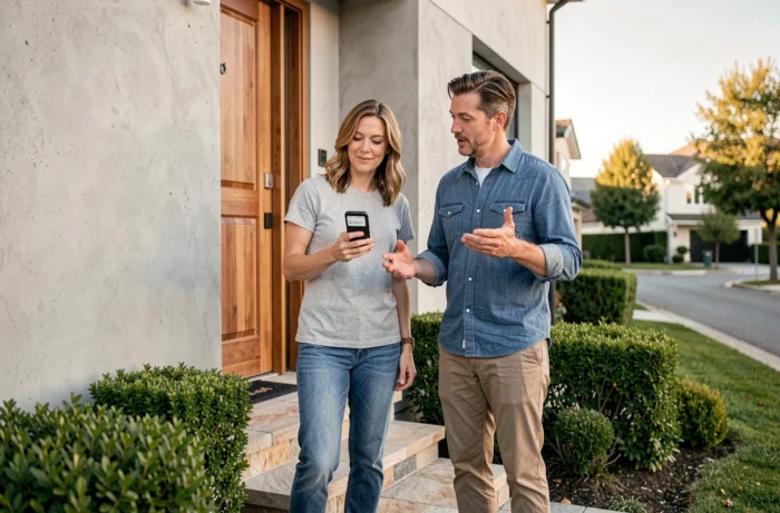 Couple visitant une maison moderne avec l'application d'une agence immobilière en ligne sur smartphone