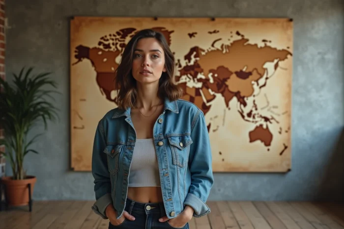 Jeune femme créatrice de contenu devant une carte du monde dans un espace créatif industriel