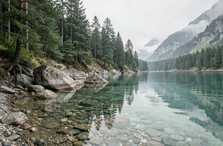 Crique sauvage et isolée du lac du Bourget entourée de forêt dense et de rochers calcaires, eau turquoise transparente au lever du matin