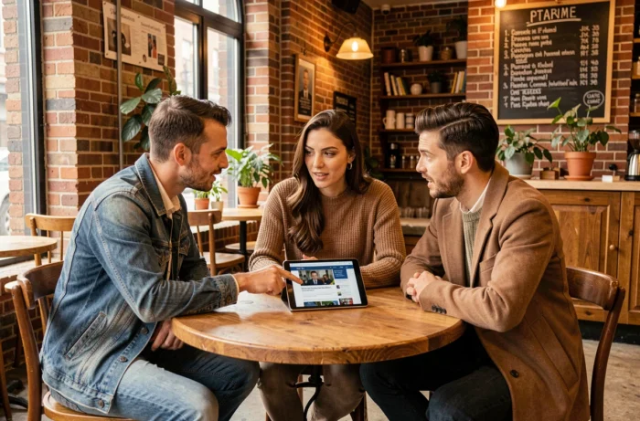 Groupe de personnes débattant des tendances de l'actualité autour d'une table dans un café urbain